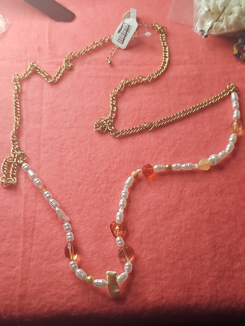 NWT FREE PEOPLE . Gold TONE Chain Pearl and Amber Bead Necklace -